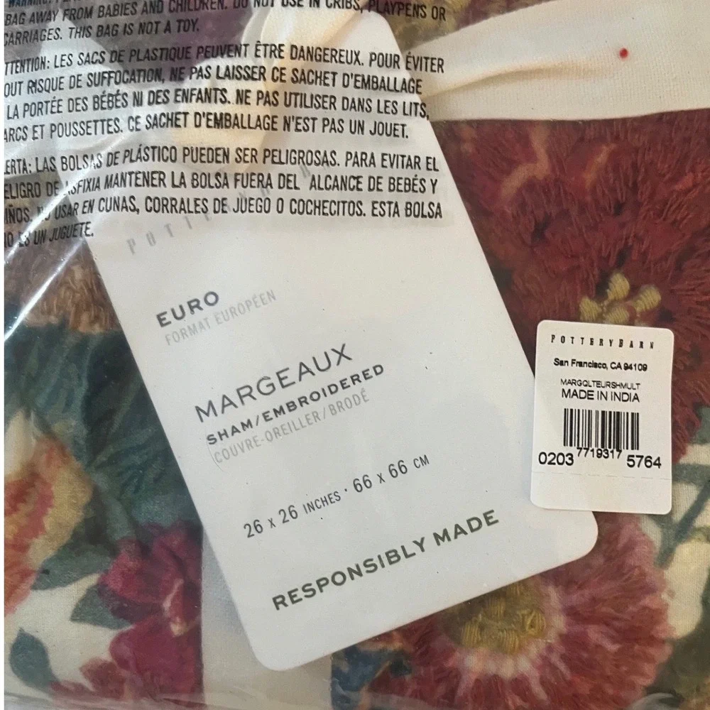 Pottery Barn Margeaux Floral Embroidered Euro Sham romantic floral rose,peonie‎